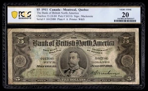 Canada 🇨🇦 Bank of British North America 1911 - $5 Five Dollars - PCGS VF 20 - Picture 1 of 2