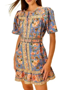 ๐$210 FARM RIO SZ XL X LARGE BLUE SUPERBLOOM TAPESTRY ORGANIC COTTON MINI DRESS - Picture 1 of 4