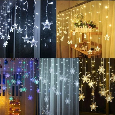 96 LED 8 Modos Copo de Nieve Estrella Hada Cadena Cortina Luz Fiesta de Navidad Decoración del Hogar Foto 1 de 4