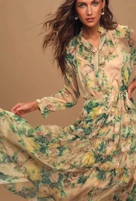 Vestido midi O.P.T Cosmia beige estampado floral con volantes en capas talla M Anthropology Foto 1 de 4