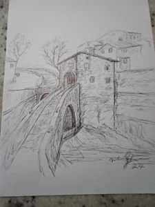 Original Old village and Bridge pen and ink drawing - Picture 1 of 1