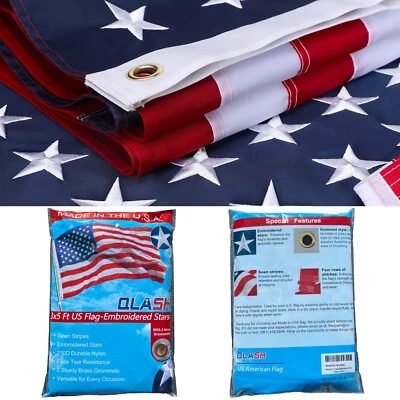 QLASH American Flag 3x5ft Embroidered Stars Outdoor Heavy Duty Nylon 100% Made IN USA