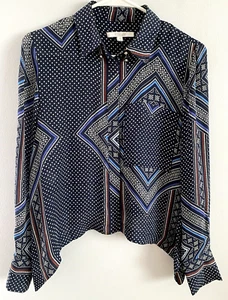 Camicia blusa Derek Lam 10 Crosby 100% seta a pois blu navy semitrasparente taglia 6 - Foto 1 di 4