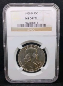 1958 D NGC MS64FBL Franklin Half Dollar Coin - Picture 1 of 2