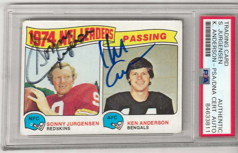 Tarjeta de líderes pasantes Topps 1975 firmada doble ADN SONNY JURGENSEN KEN ANDERSON PSA Foto 1 de 1