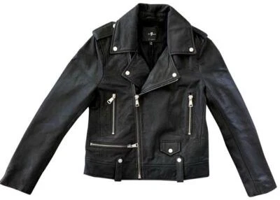 $695 Chaqueta de Cuero 7 Para Toda la Humanidad Moto Asimétrica Genuina Guijarro Negra M Foto 1 de 4