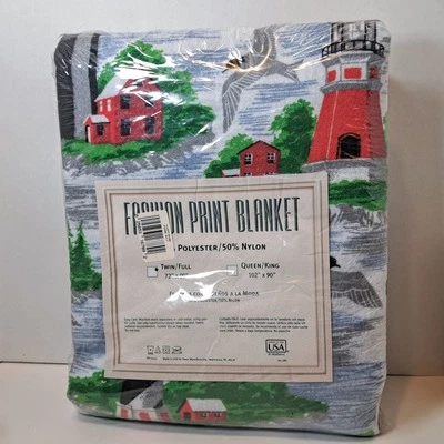 Vtg NOS Lighthouses And Seagulls Fashion Print Full/Twin Owen Blanket 72 X 90 - Image 1 of 2