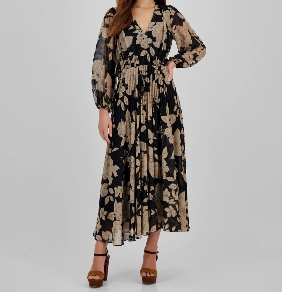 Taylor Women's Black Floral Chiffon V-Neck Pleated Maxi Dress Size 8
