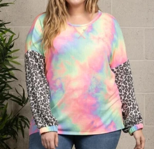 PASTEL Tie Dye SIZE 2X Shirt Top WOMENS PLUS Long Sleeves BLUE PINK GREEN YELLOW - Picture 1 of 5