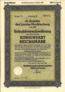 Alemania. Mecklemburgo 4% préstamo. 100 bonos del Reichsmark, Schwerin 1942 era del Tercer Reich - Imagen 1 de 2