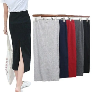 Lady Pencil Skirt Cotton Stretch Elastic Split Midi Slim High Waist Dress Casual - Picture 1 of 13