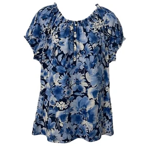 Chaps Womens Large Blouse Pullover 1/4 Button Up Blue White Floral Print NEW - Picture 1 of 12