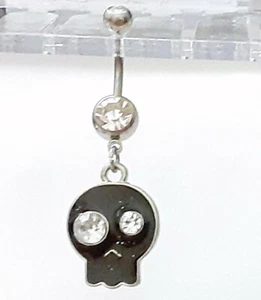 Belly Ring Skull Glittered w/Clear Gems Dangle Naval Steel  - Picture 1 of 3
