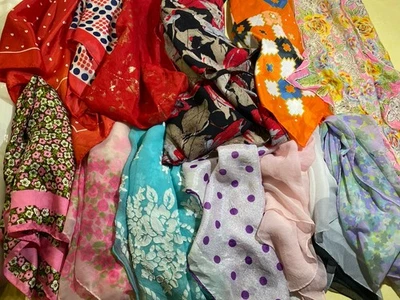 Vintage Lot 13 Of Silk Poly Acetate Scarves Hand Rolled Japan USA Italy Colorful - Image 1 of 4
