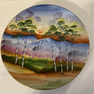 Vintage handbemalter japanischer Teller Berge & Bäume signiert T.HURUTA D 8,25" - Bild 1 von 5