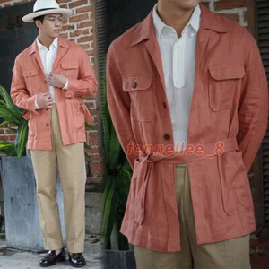 Mens 100% Linen Safari Jacket Breathable Belted Hunting Coat Casual Outwear Tops - Picture 1 of 26