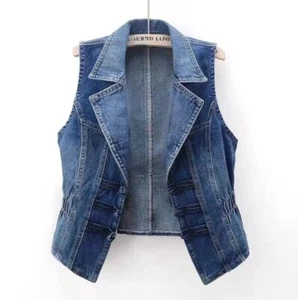 Women Denim Lapel Vest Short Waistcoat Button Sleeveless Jacket Coat Tops - Picture 1 of 8