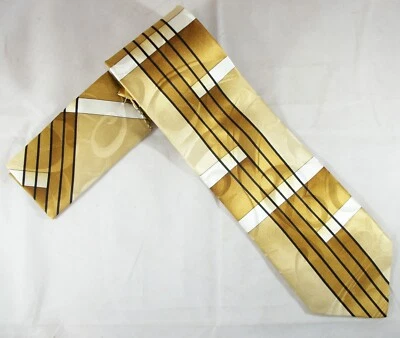 Gold & Cream Lines Enrico Cuccini Neck Tie & Pocket Square 57" L x 3.75"W (E555) - Image 1 of 3