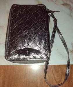 Elliot Lucca silver pewter Woven Leather Cell Phone Organizer Wristlet Wallet - Picture 1 of 12