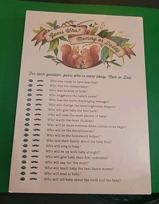 Tarjetas de juego de baby shower impresas 50 animales del bosque ¿Adivina quién? Mamá o papá nuevo en paquete Foto 1 de 4