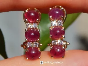 14K YELLOW GOLD EFFY 2.00tcw RUBY CABOCHON DIAMOND 7/10 INCH OMEGA BACK EARRINGS - Picture 1 of 11