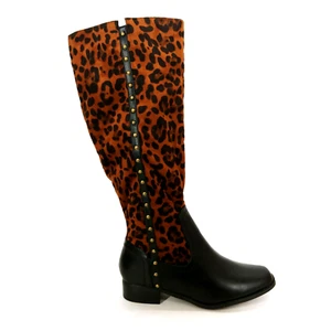 Andiamo Womens Boots Mobile Brown Black Leopard Print Side Zip Studded 9.5 NEW - Picture 1 of 12