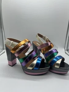 Ecote’ Rainbow Sandal 9M open toe High Heel Platform 4.5” Sling Back Blue Pink - Picture 1 of 6