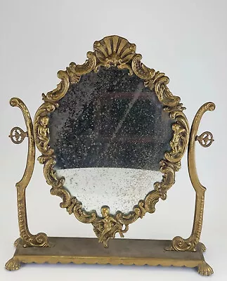 Vintage Art Nouveau Brass Cherub  Dresser Mirror Vanity Sea Shell Top Stand  - Image 1 of 4