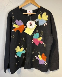 Quacker Factory Large 100% Wool Black Zip Christmas Sweater Angels Beads New - Picture 1 of 5