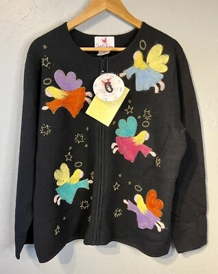 Quacker Factory Large 100% Wool Black Zip Christmas Sweater Angels Beads New - Image 1 of 4