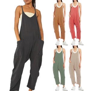 Women's Overalls Sleeveless Loose Wide Leg Jumpsuits Rompers with Pockets - Picture 1 of 51