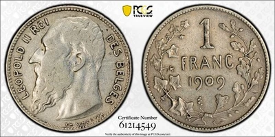 1909 Belgium 1 Franc Des Belges – PCGS VF30 – Silver (.835) – KM#56.1 - Image 1 of 3