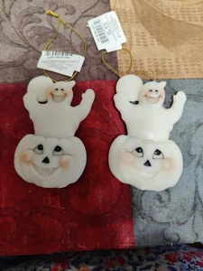 2 vtg.2003 Ghost pumpkin ceramic white Halloween Ornaments - Imagen 1 de 5