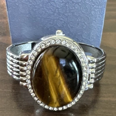 NEW Genoa Women's Crystal Bezel Cabochon Tiger-Eye Wrist Cuff/Bangle Flip Watch - Image 1 of 4