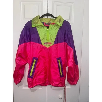 Vintage 80s 90s River Edge Neon Colorblock Windbreaker Jacket M Retro Pullover - Image 1 of 4