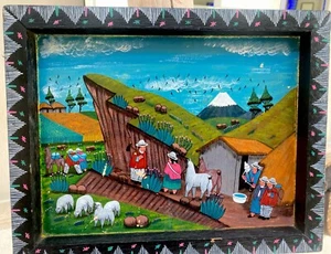 Folk Art Painting on Leather Tigua Ecuador Alpaca LLama etc. Unsigned READ! - Picture 1 of 10