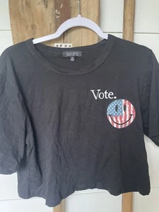 LaLaLand Creative NEW M Medium Vote Smiley Face Crop Top Black Shirt Tee Women - Picture 1 of 4
