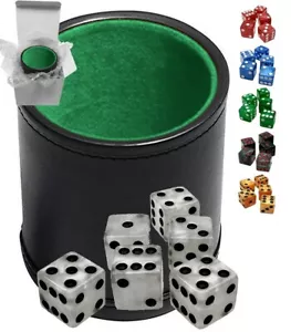 Black PU Leather Green Felt Lined Cup with (6) 16mm Marbleized Dice (Gift Boxed) - Picture 1 of 11