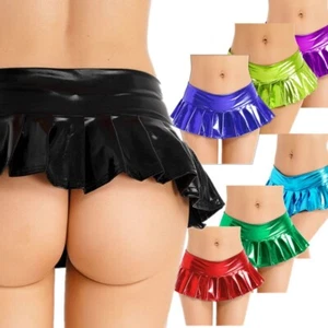 Women's Metallic Skirt Wetlook Shiny Pleated Mini Skirt Bikini Dance Clubwear - Picture 1 of 74