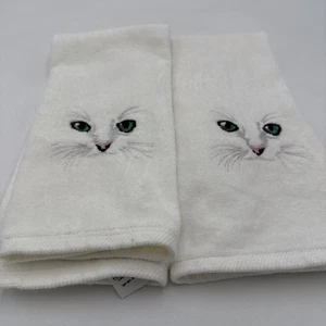 RA Briggs Hand Towel White Kitty Cat Green Eyes Embroidered Set of Two - Picture 1 of 7