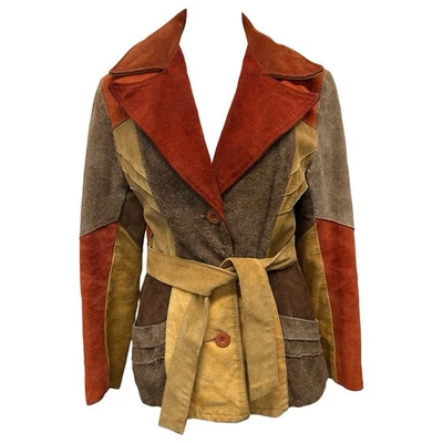 VTG 70s Canada Fashions Patchwork Suede Brown Orange Belted Hippie Jacket S READ - Image 1 of 4