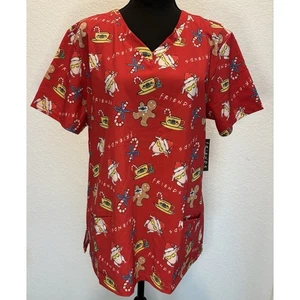 Friends Themed Red Christmas Scrub Top Size Large NWT - Picture 1 of 4