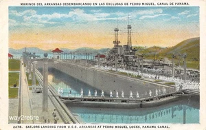 Postal Militar USS Arkansas Marineros Zona del Canal de Panamá Pedro Miguel Lock Años 1920 - Imagen 1 de 2