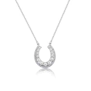 HORSE SHOE NECKLACE PENDANT W/ WHITE PEARLS/ 925 STERLING SILVER - Picture 1 of 3