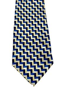 Tongue Tied by Tom McLellon Mens Necktie Silk Geometric Blue Gold Tie 58"x4" - Picture 1 of 3
