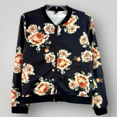 SHEIN Black Floral Lightweight Bomber Sz M - Image 1 of 4