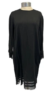 DKNY Shiny Black Stretchy Shift Dress Body Con Long Sleeves Fringed Hem Sz 12-14 - Picture 1 of 10