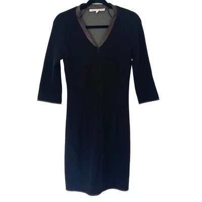 Veronica Beard Zip Front Black Dress Wool Blend Leather Trim V Neck Size 2 - image 1 of 4