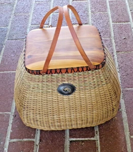 Cesta de caja grande tejida a mano hecha a mano con tapa de madera/asasas de cuero - Imagen 1 de 19