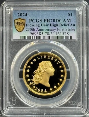Золотой доллар 2024 с распущенными волосами PCGS PR-70 DCAM 230-я годовщина - Изображение 1 из 3